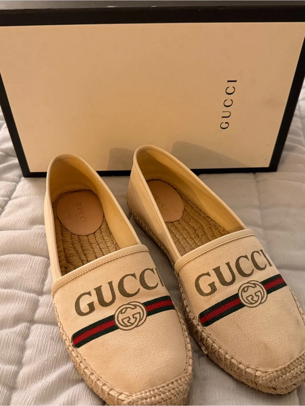 Gucci Beige Canvas Logo Espadrilles with Red-Green Web Stripe
